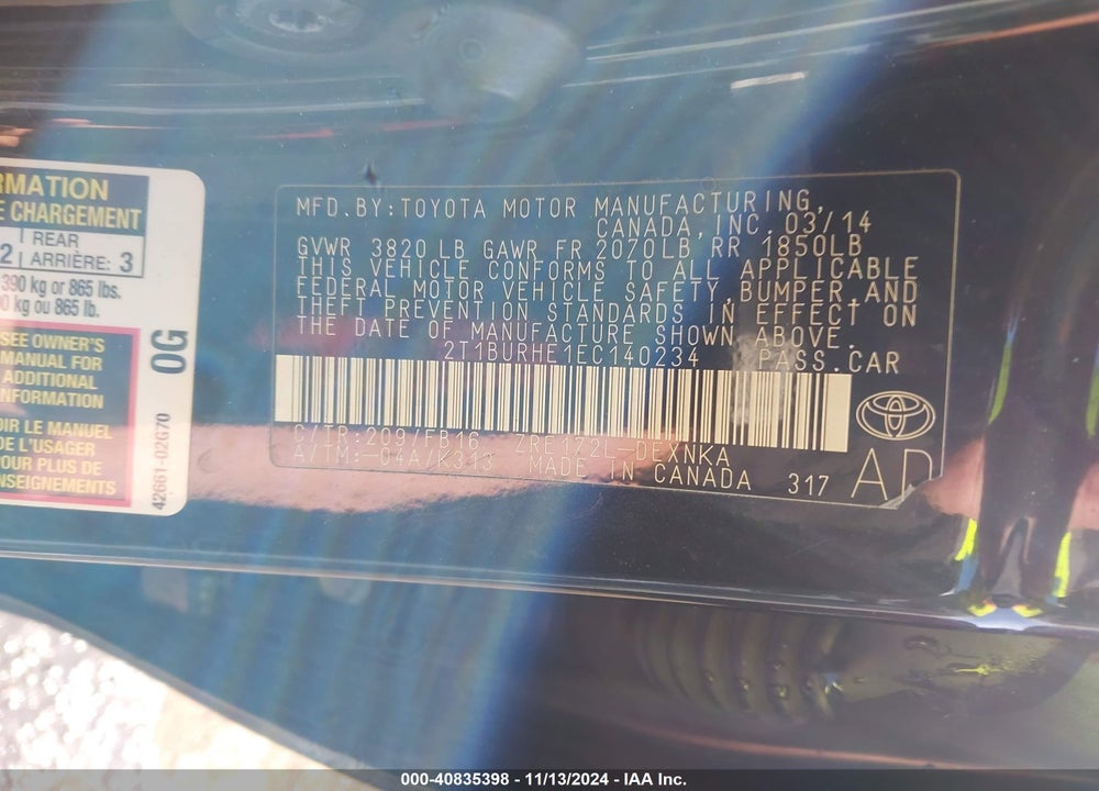 2014 TOYOTA COROLLA LE VIN: 2T1BURHE1EC140234