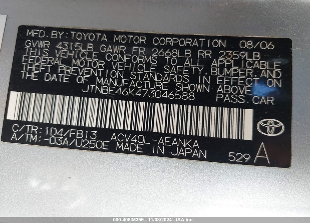 2007 TOYOTA CAMRY CE/LE/SE/XLE VIN: JTNBE46K473046588