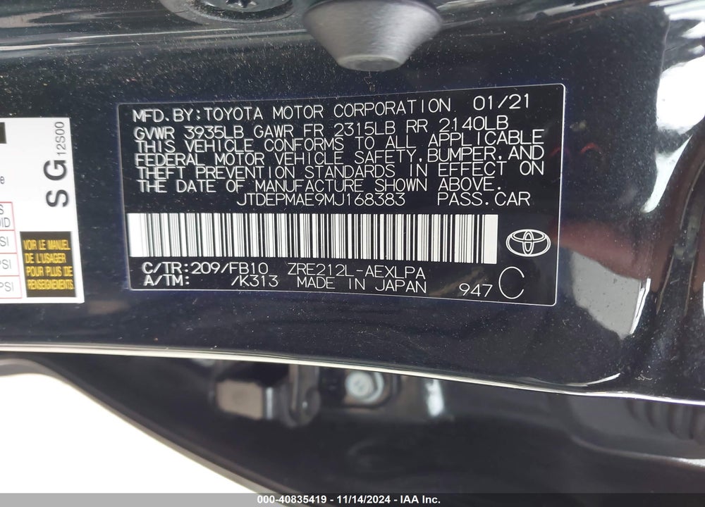 2021 TOYOTA COROLLA LE VIN: JTDEPMAE9MJ168383