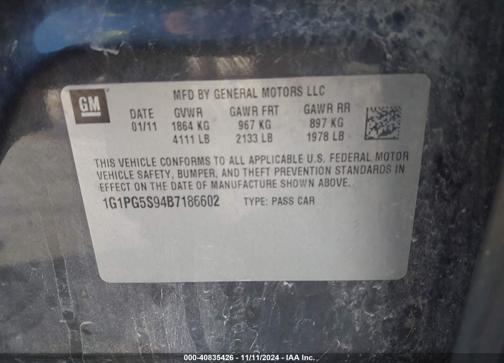 2011 CHEVROLET CRUZE 2LT VIN: 1G1PG5S94B7186602