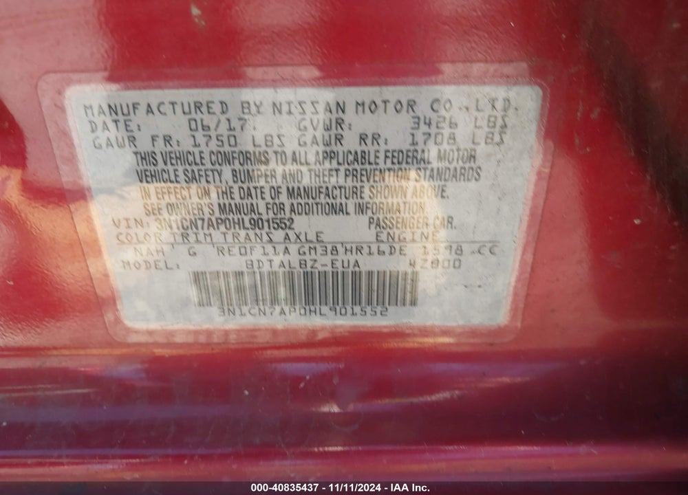 2017 NISSAN VERSA 1.6 SV VIN: 3N1CN7AP0HL901552