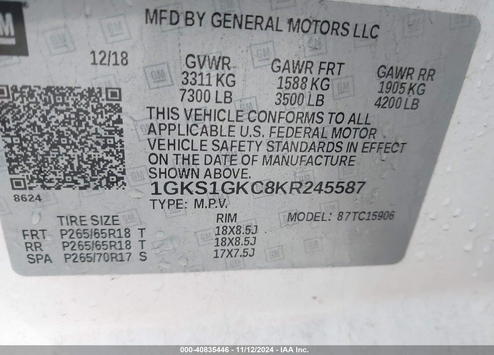 2019 GMC YUKON XL SLT VIN: 1GKS1GKC8KR245587