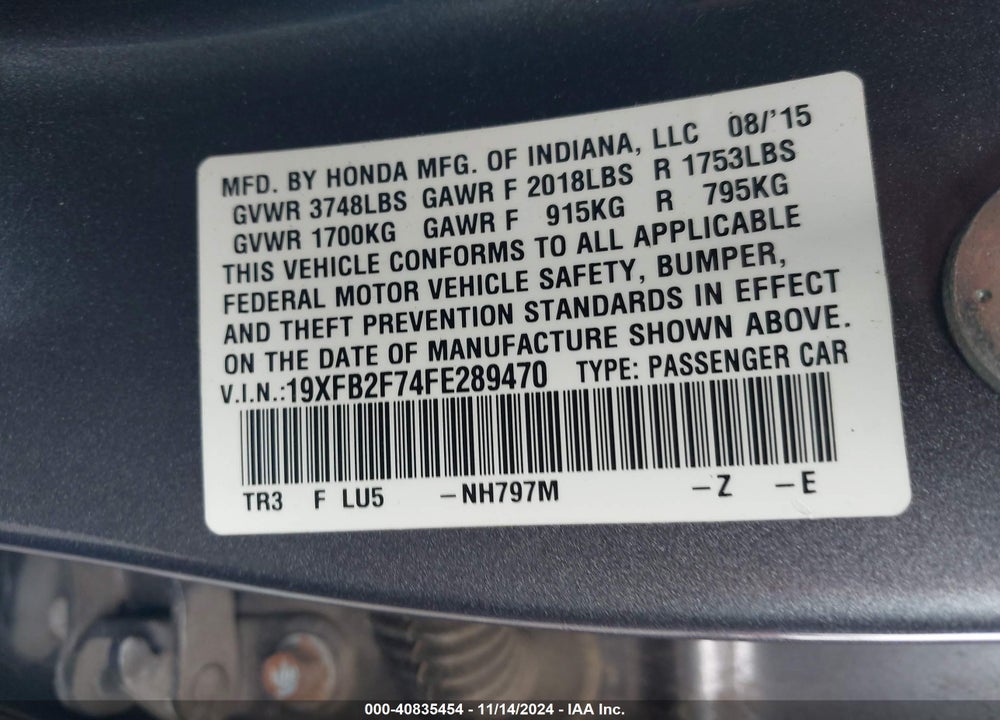 2015 HONDA CIVIC SE VIN: 19XFB2F74FE289470