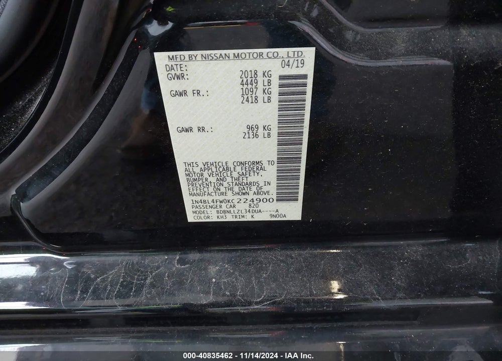 2019 NISSAN ALTIMA 2.5 PLATINUM VIN: 1N4BL4FW0KC224900