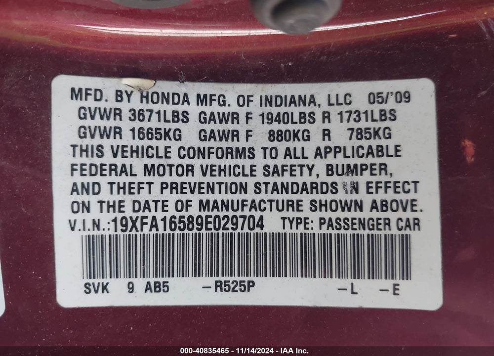 2009 HONDA CIVIC LX VIN: 19XFA16589E029704
