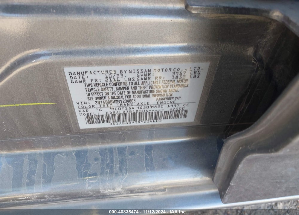 2024 NISSAN SENTRA S XTRONIC CVT VIN: 3N1AB8BV9RY234603