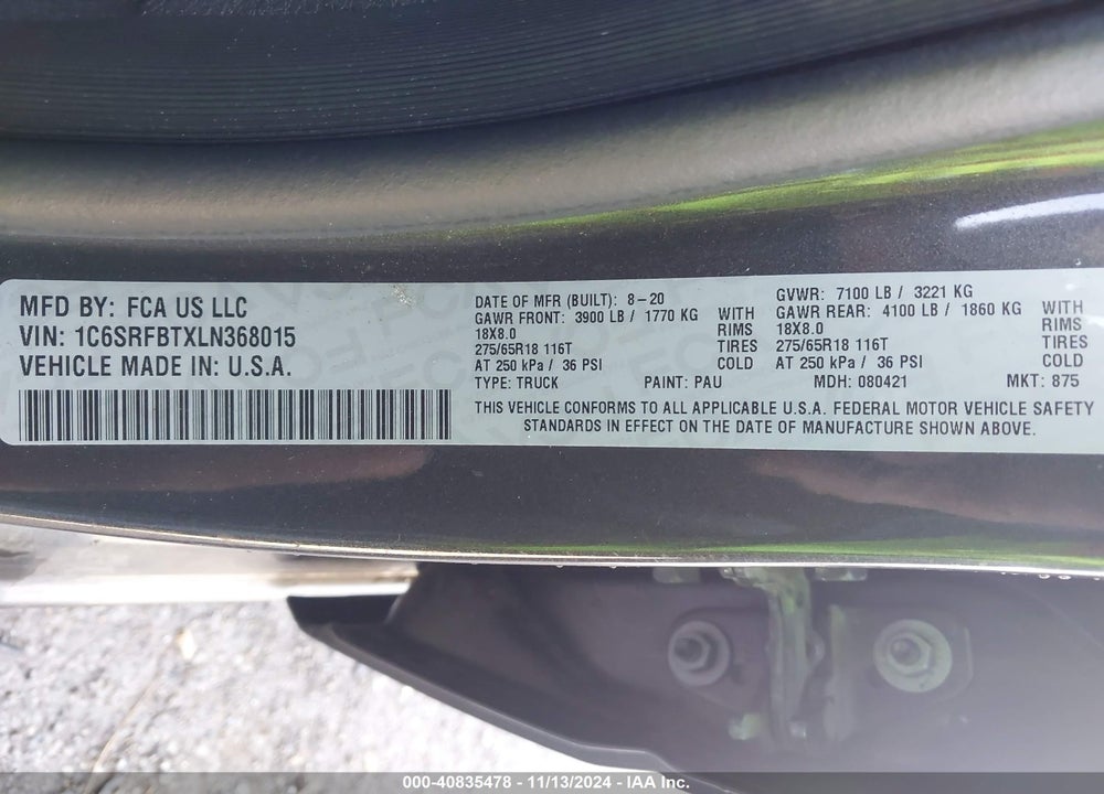 2020 RAM 1500 VIN: 1C6SRFBTXLN368015