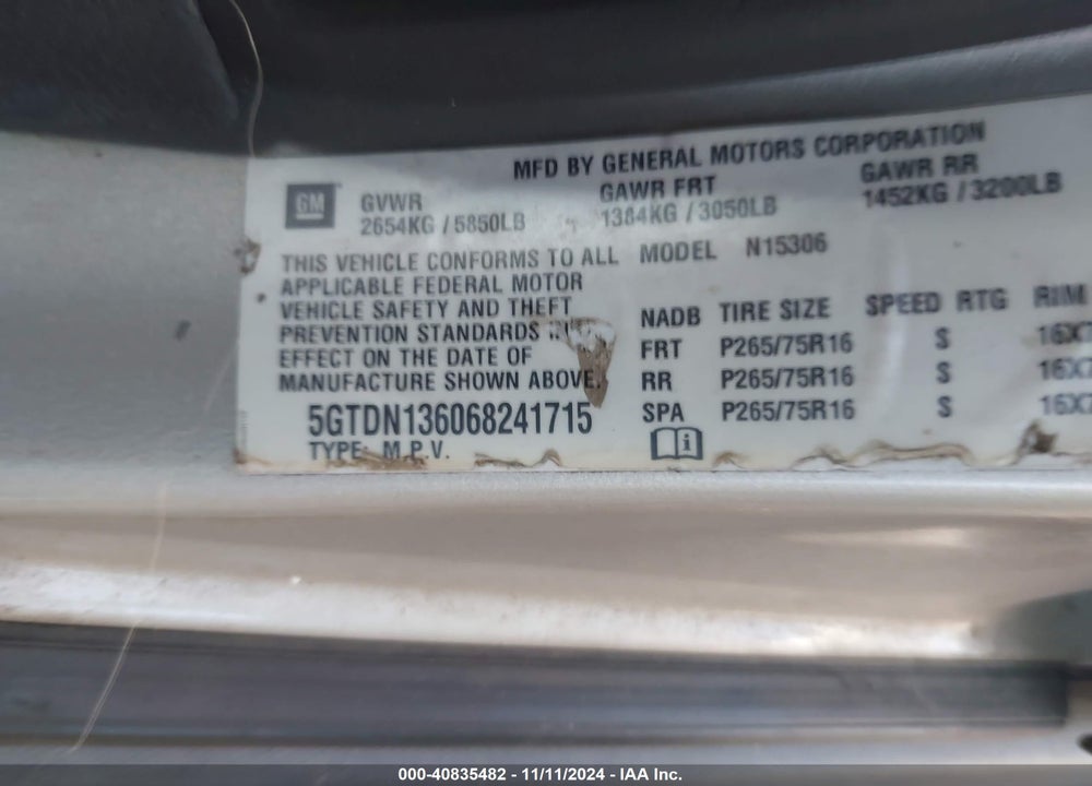 2006 HUMMER H3 SUV VIN: 5GTDN136068241715