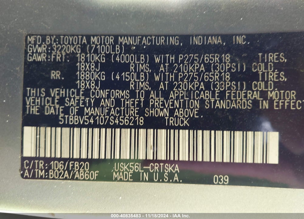 2007 TOYOTA TUNDRA SR5 5.7L V8 VIN: 5TBBV54107S456218