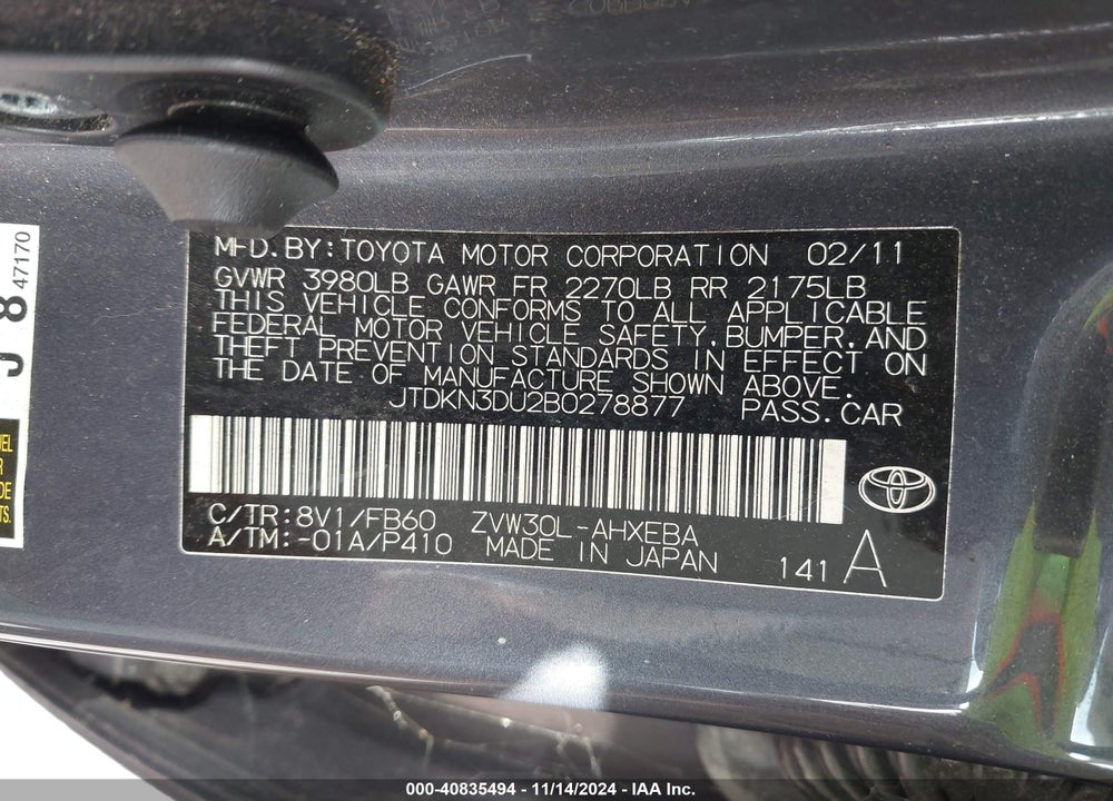 2011 TOYOTA PRIUS TWO VIN: JTDKN3DU2B0278877