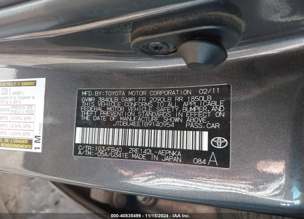 2011 TOYOTA COROLLA LE VIN: JTDBU4EE1B9140954