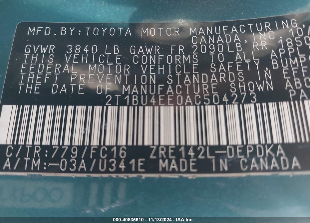 2010 TOYOTA COROLLA LE VIN: 2T1BU4EE0AC504273
