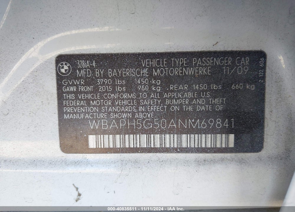 2010 BMW 328I VIN: WBAPH5G50ANM69841
