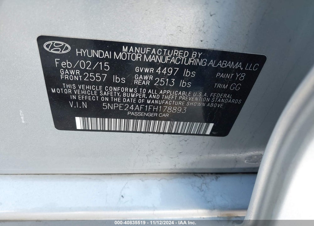 2015 HYUNDAI SONATA SE VIN: 5NPE24AF1FH178893