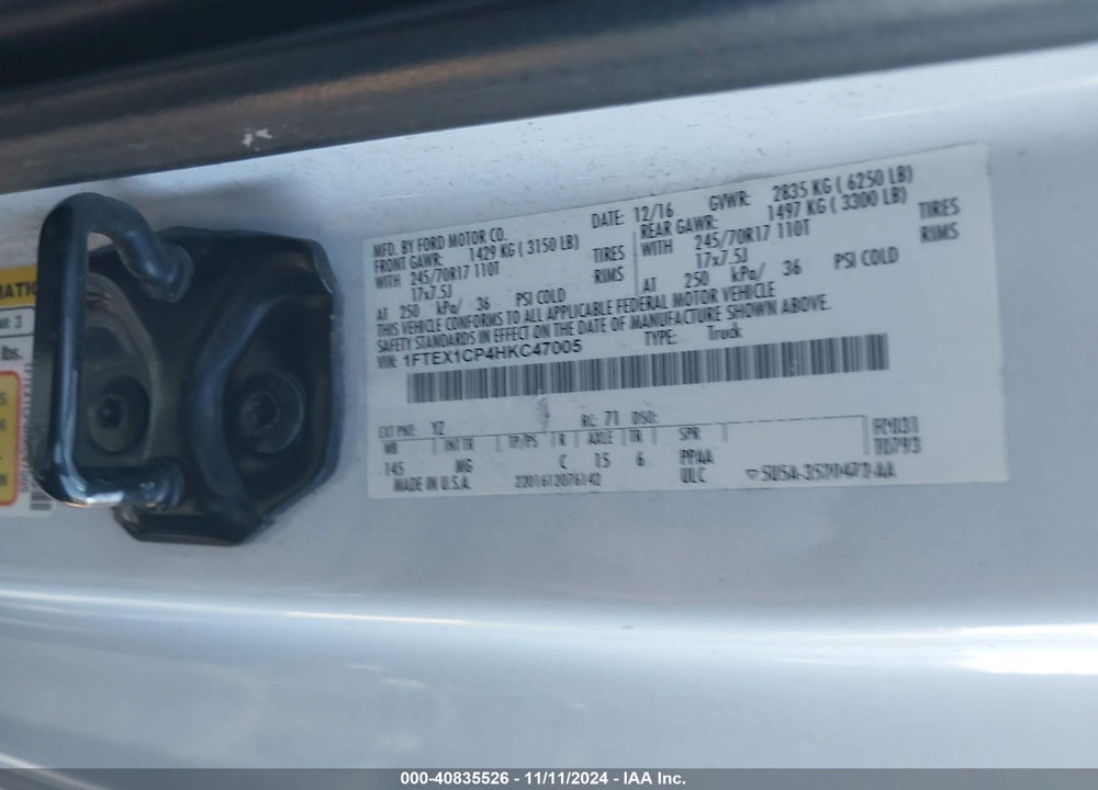 2017 FORD F-150 XLT VIN: 1FTEX1CP4HKC47005