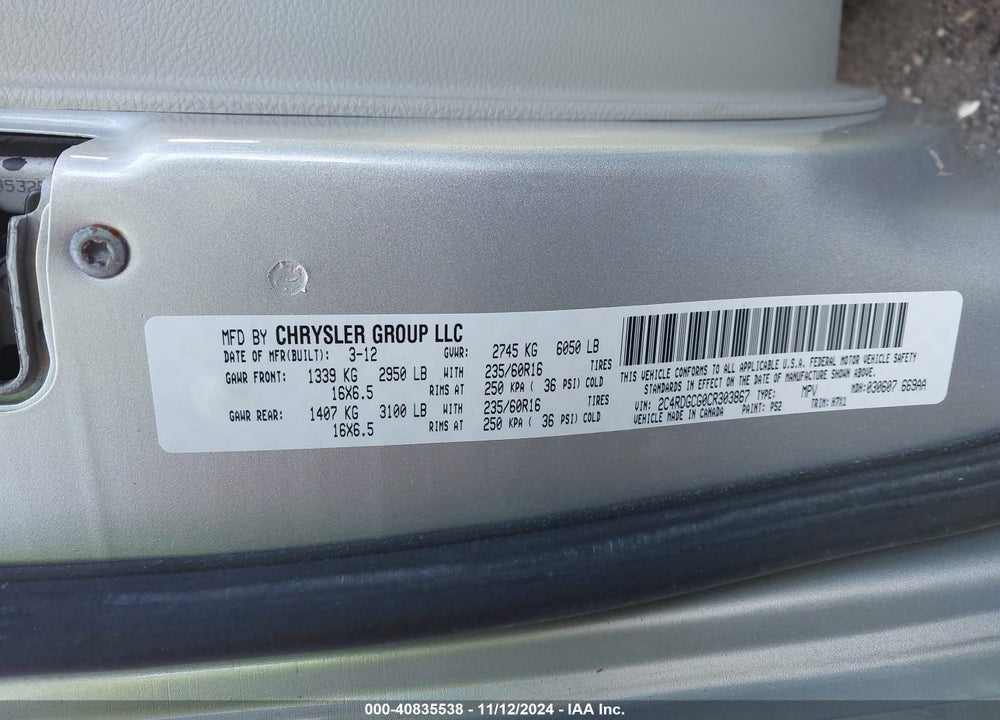 2012 DODGE GRAND CARAVAN SXT VIN: 2C4RDGCG0CR303867