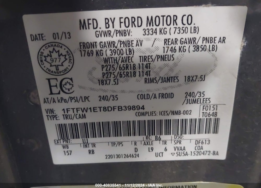 2013 FORD F-150 FX4 VIN: 1FTFW1ET8DFB39894