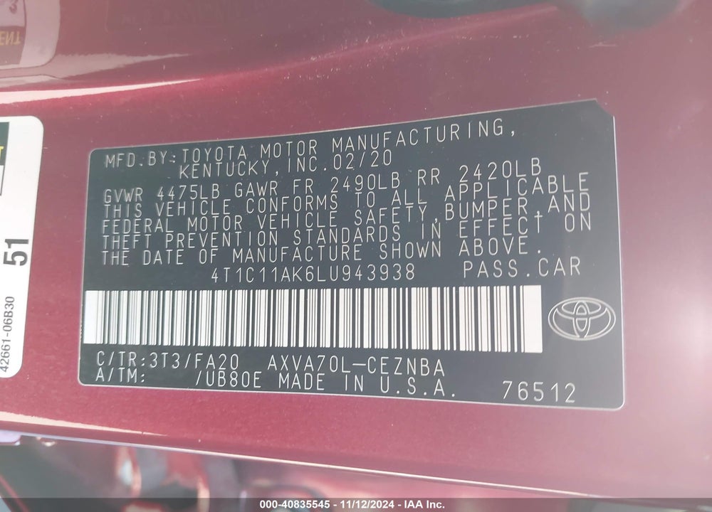 2020 TOYOTA CAMRY VIN: 4T1C11AK6LU943938