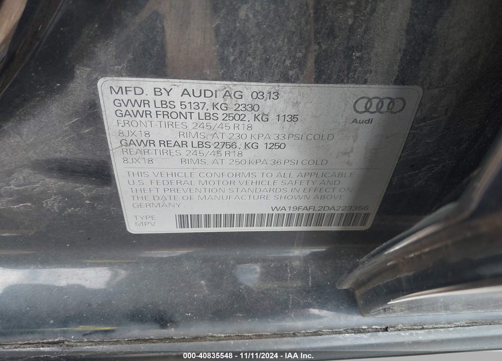 2013 AUDI ALLROAD 2.0T PREMIUM VIN: WA19FAFL2DA223356