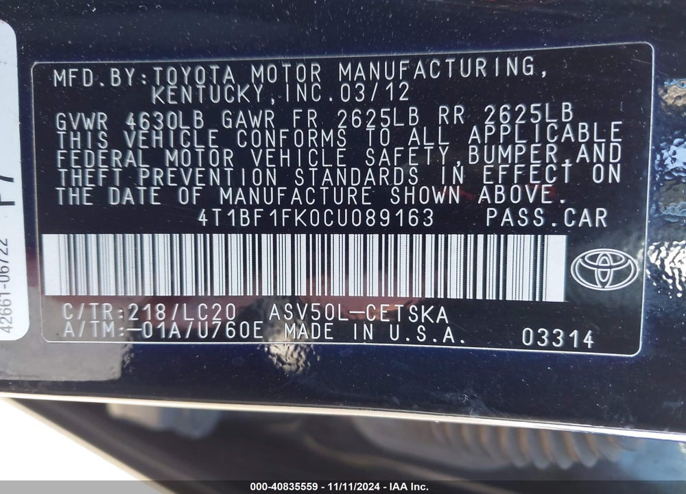 2012 TOYOTA CAMRY SE VIN: 4T1BF1FK0CU089163