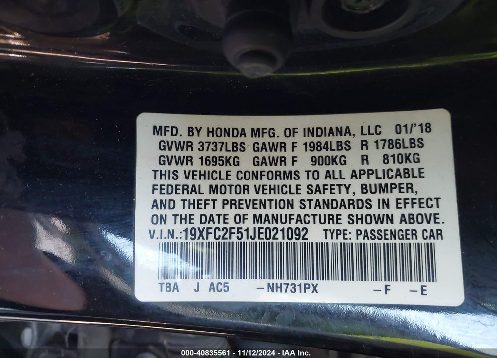2018 HONDA CIVIC LX VIN: 19XFC2F51JE021092