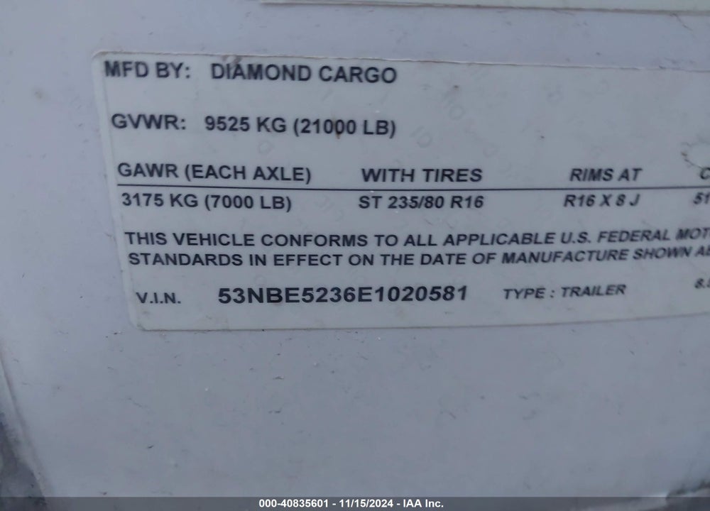 2014 DIAMOND 52' GOOSENECK TRAILE VIN: 53NBE5236E1020581