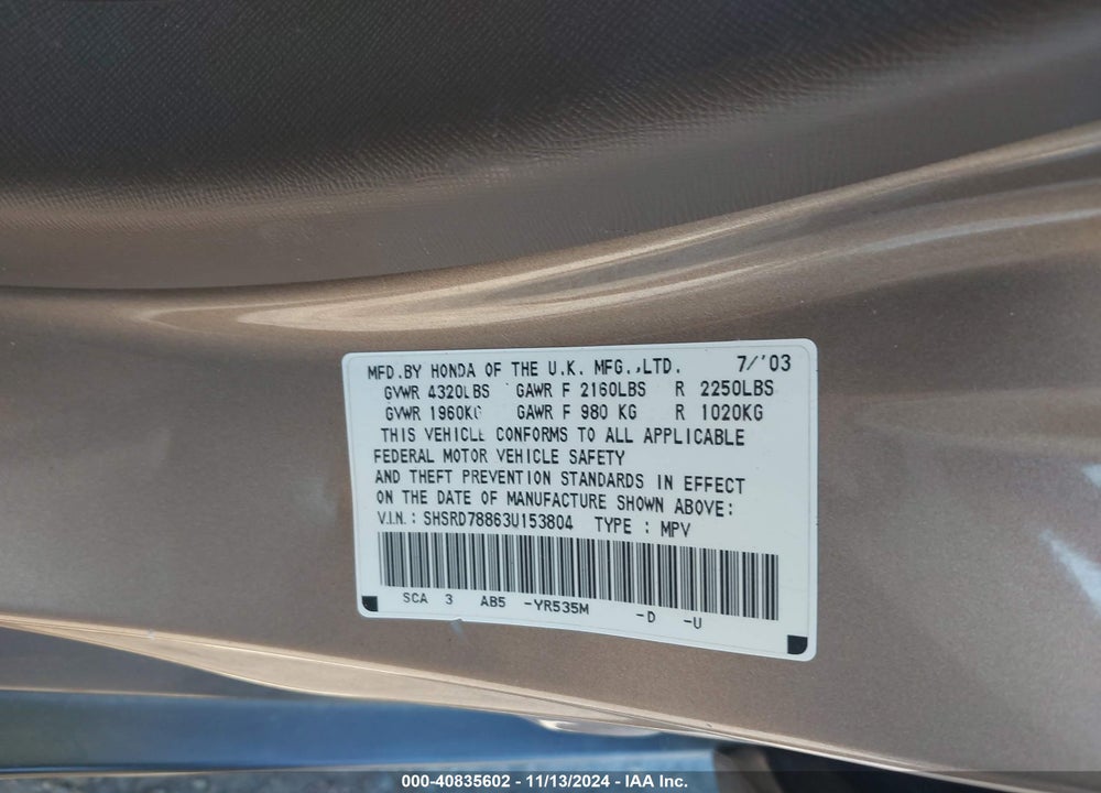 2003 HONDA CR-V EX VIN: SHSRD78863U153804