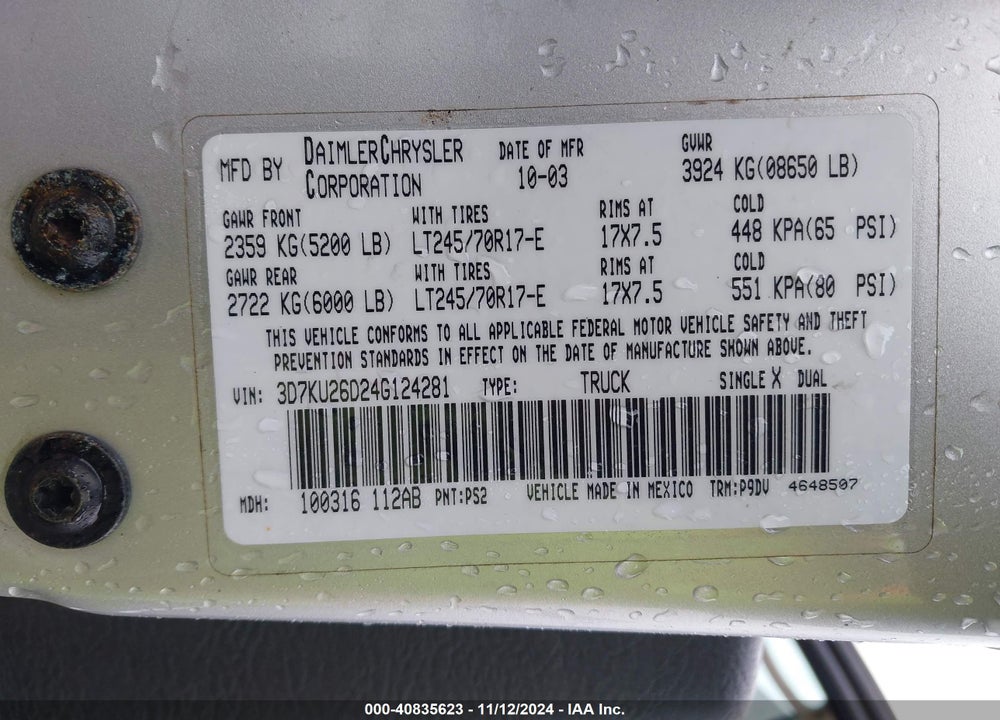2004 DODGE RAM 2500 ST VIN: 3D7KU26D24G124281