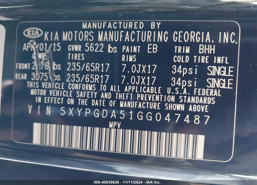 2016 KIA SORENTO 3.3L LX VIN: 5XYPGDA51GG047487