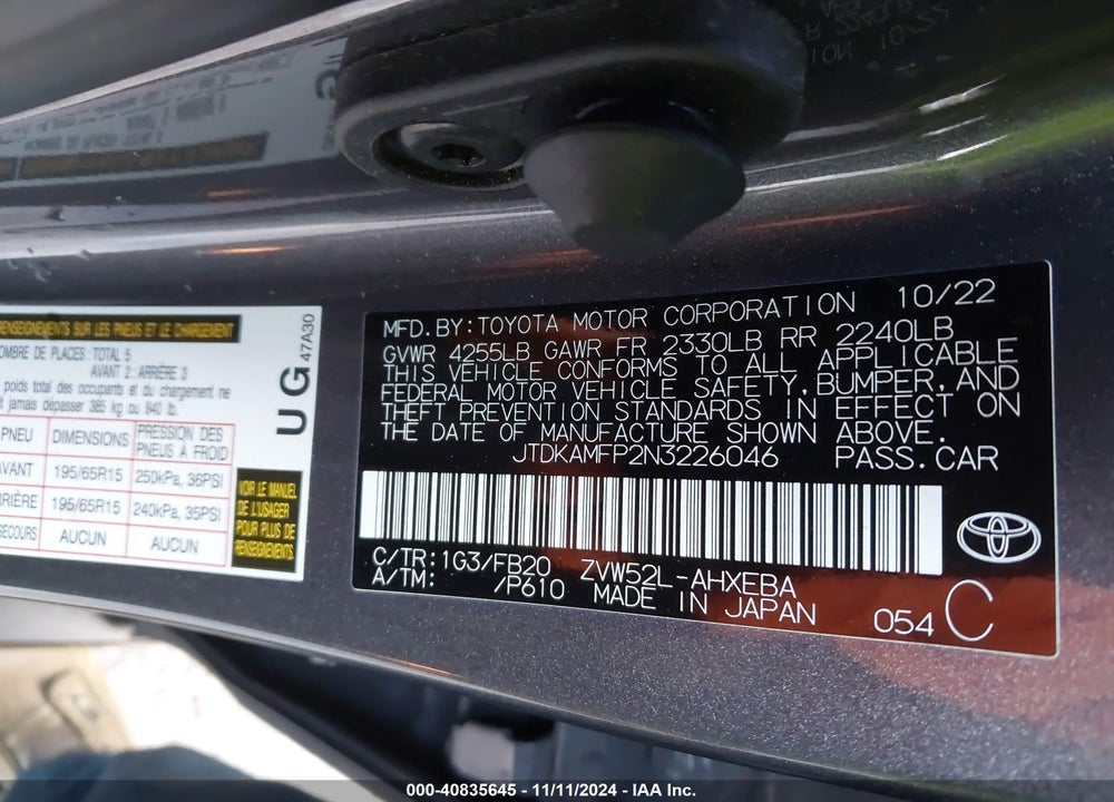 2022 TOYOTA PRIUS PRIME LE VIN: JTDKAMFP2N3226046