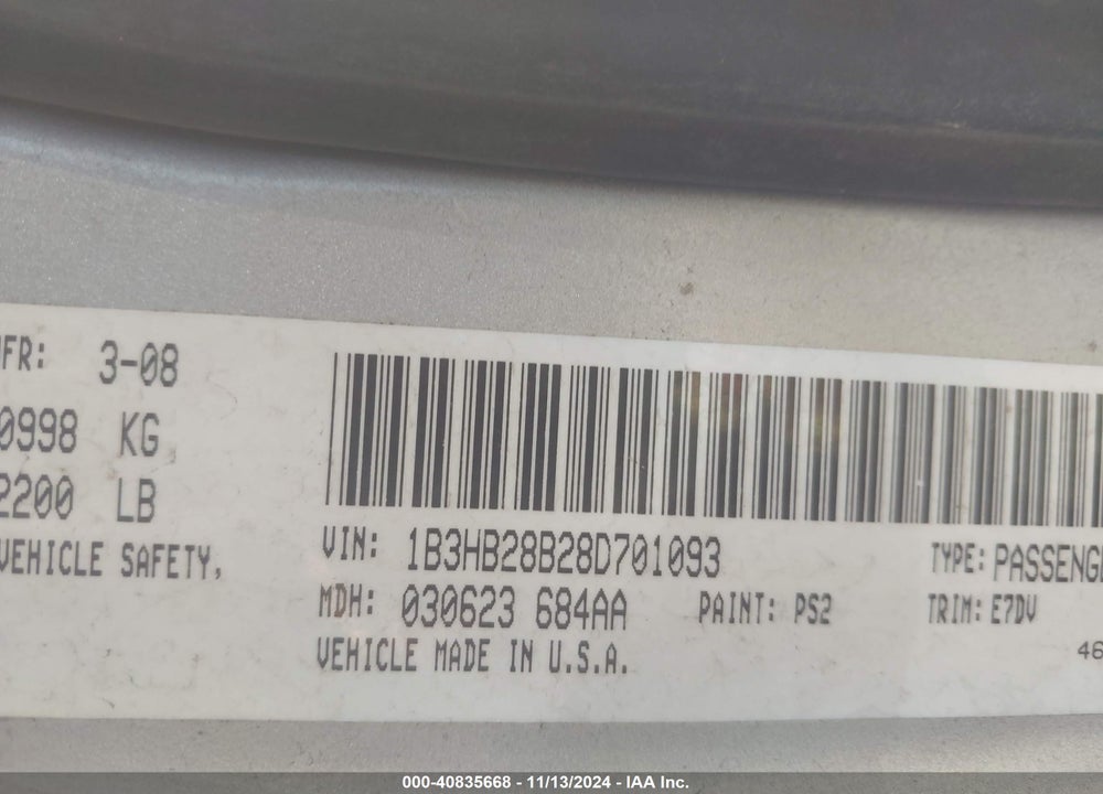 2008 DODGE CALIBER SE VIN: 1B3HB28B28D701093