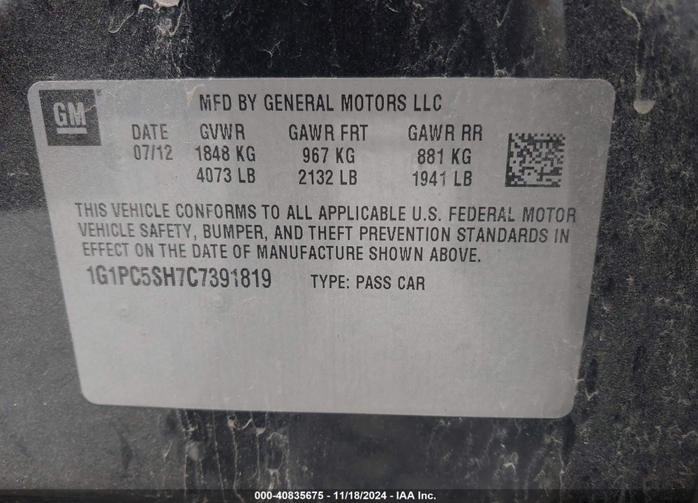 2012 CHEVROLET CRUZE LS VIN: 1G1PC5SH7C7391819