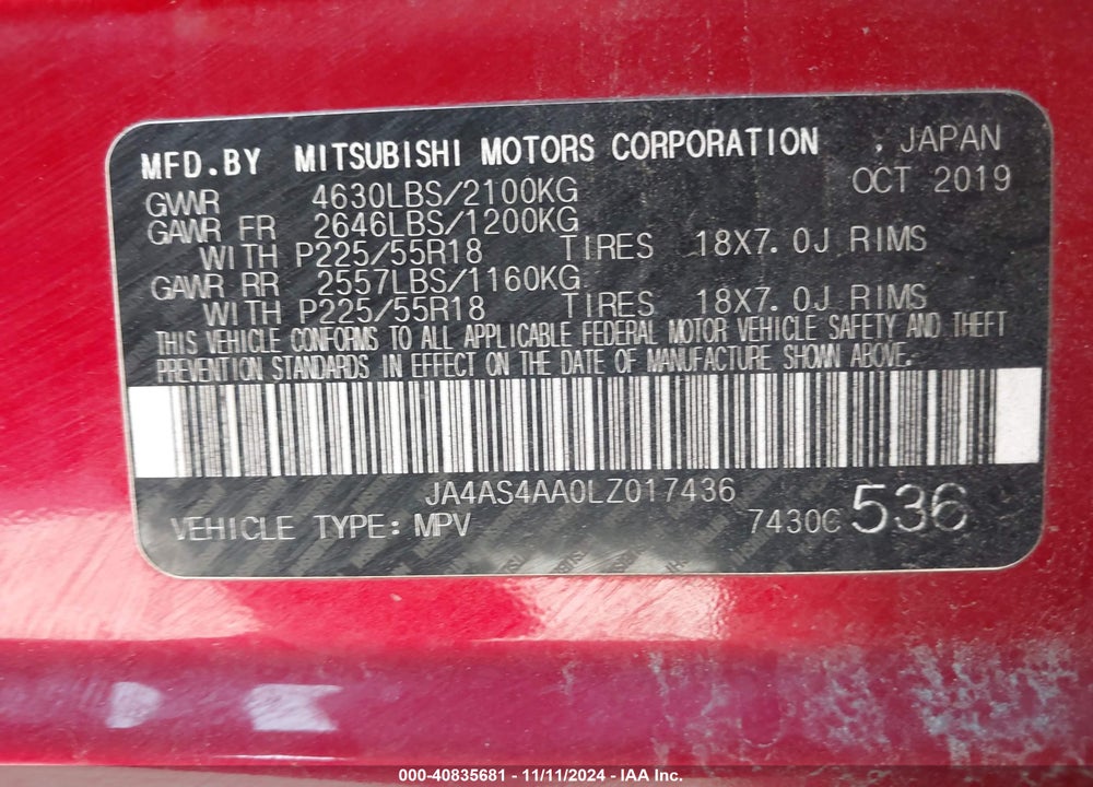 2020 MITSUBISHI ECLIPSE CROSS LE 1.5T VIN: JA4AS4AA0LZ017436