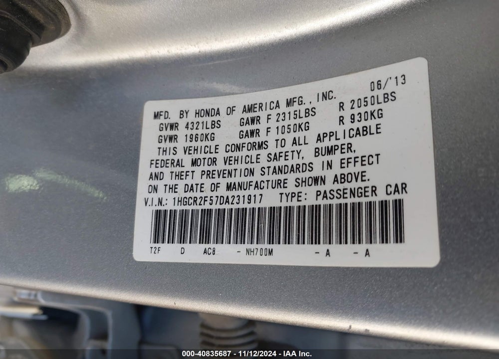2013 HONDA ACCORD SPORT VIN: 1HGCR2F57DA231917