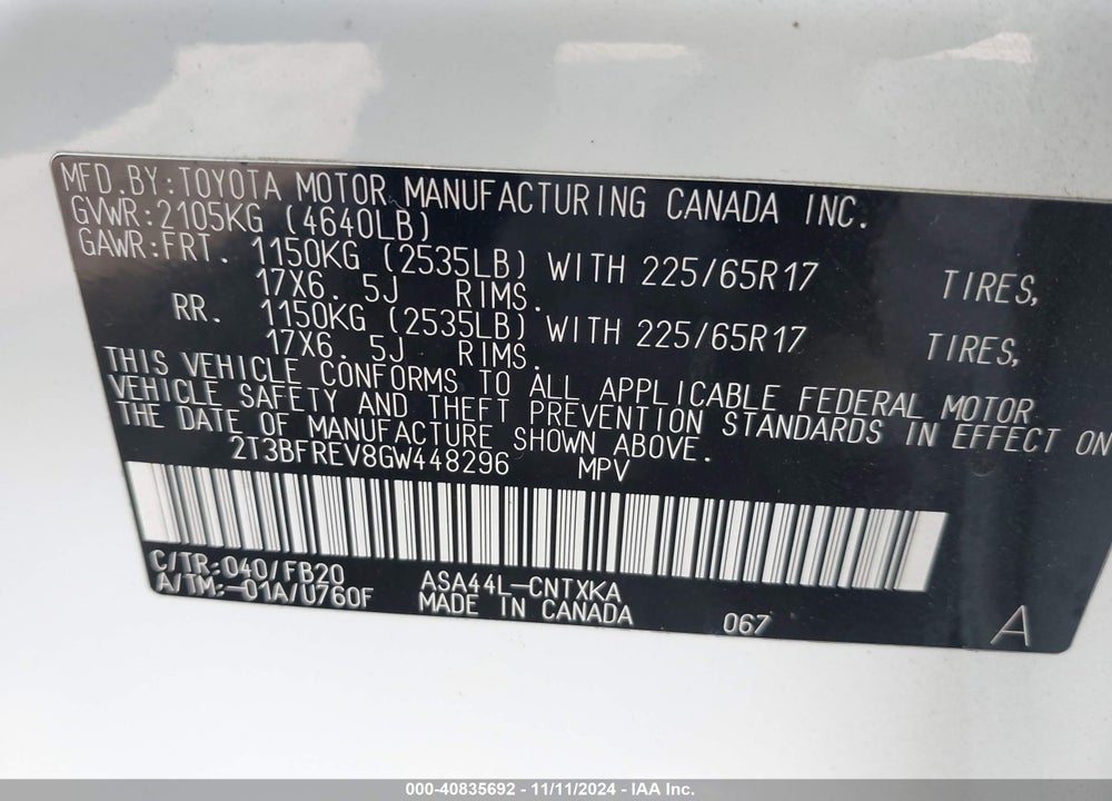 2016 TOYOTA RAV4 LE VIN: 2T3BFREV8GW448296