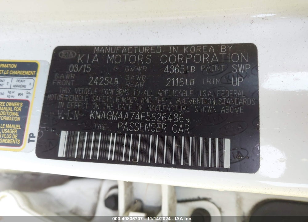 2015 KIA OPTIMA LX VIN: KNAGM4A74F5626486