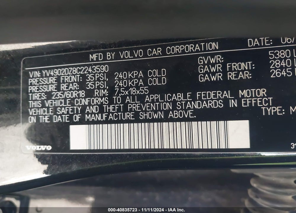 2012 VOLVO XC60 T6 PLATINUM VIN: YV4902DZ8C2243590