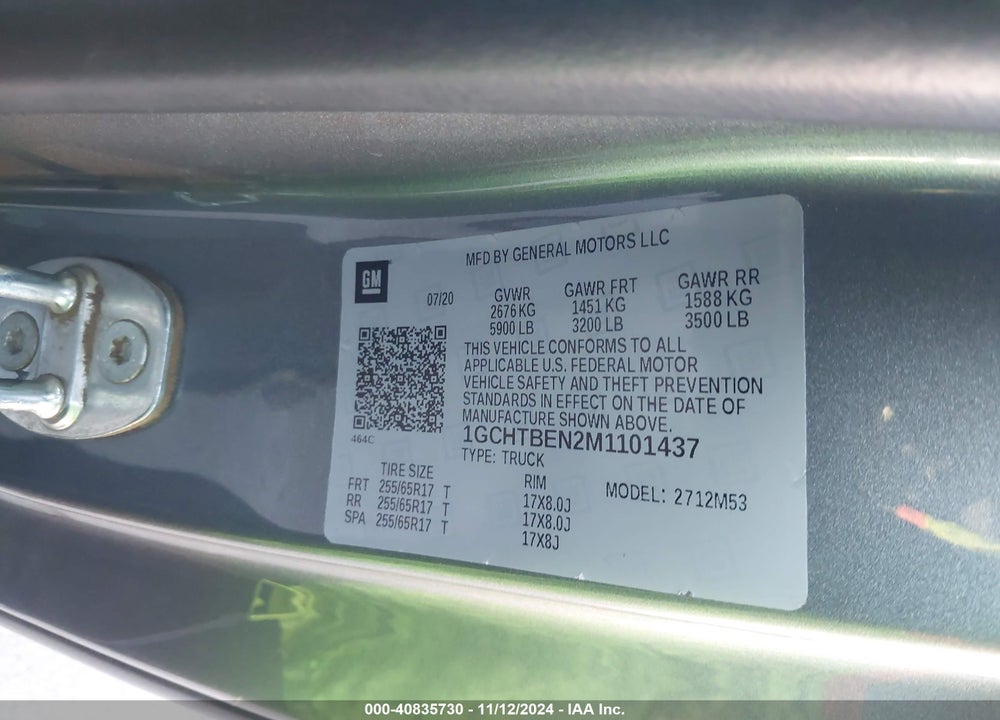 2021 CHEVROLET COLORADO 4WD LONG BOX WT VIN: 1GCHTBEN2M1101437