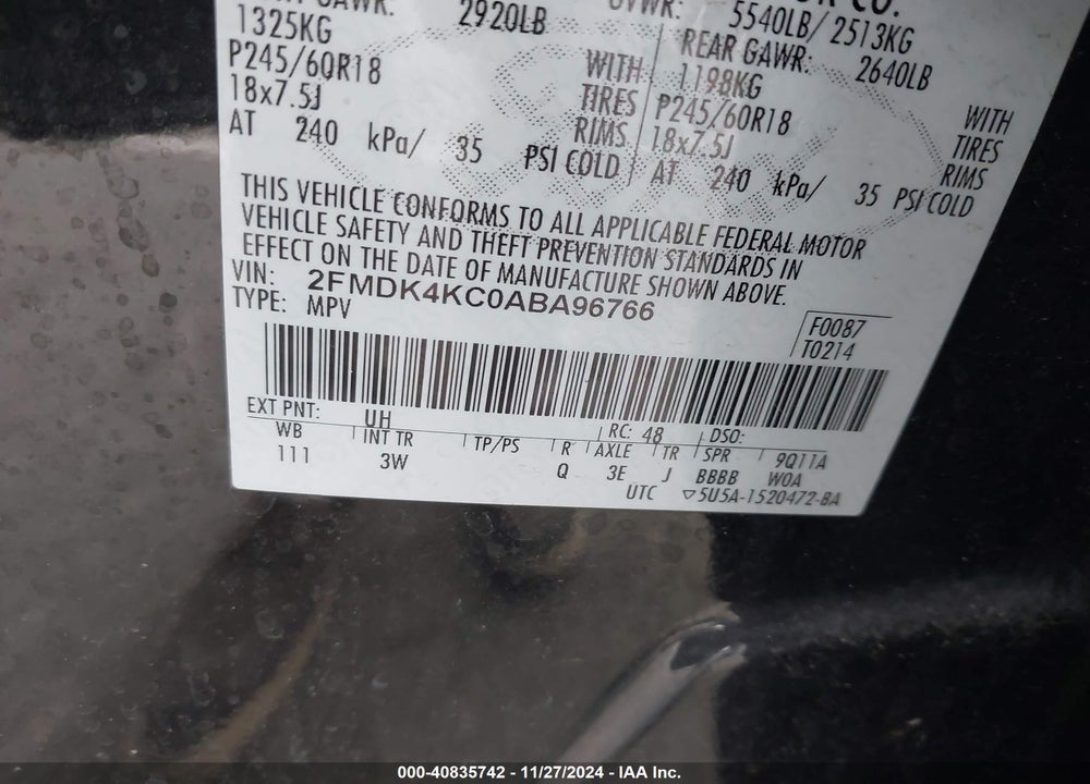 2010 FORD EDGE LIMITED VIN: 2FMDK4KC0ABA96766