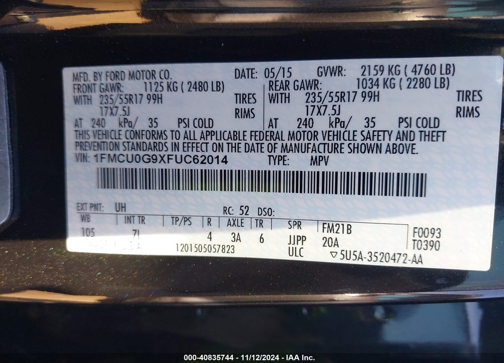 2015 FORD ESCAPE SE VIN: 1FMCU0G9XFUC62014