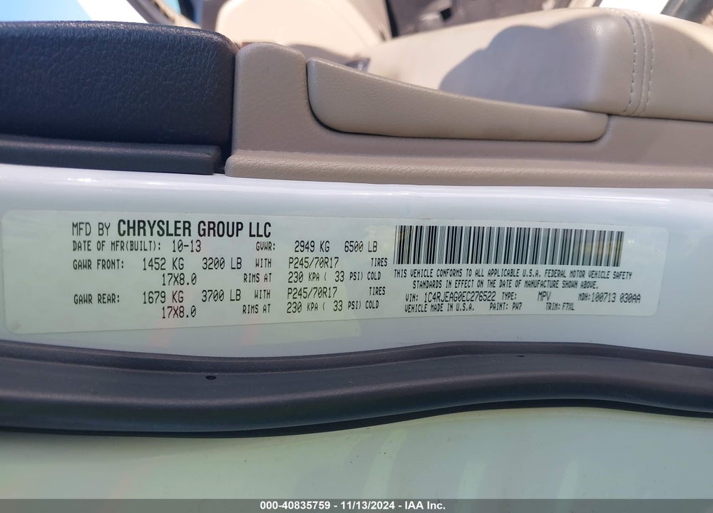 2014 JEEP GRAND CHEROKEE LAREDO VIN: 1C4RJEAG0EC276522