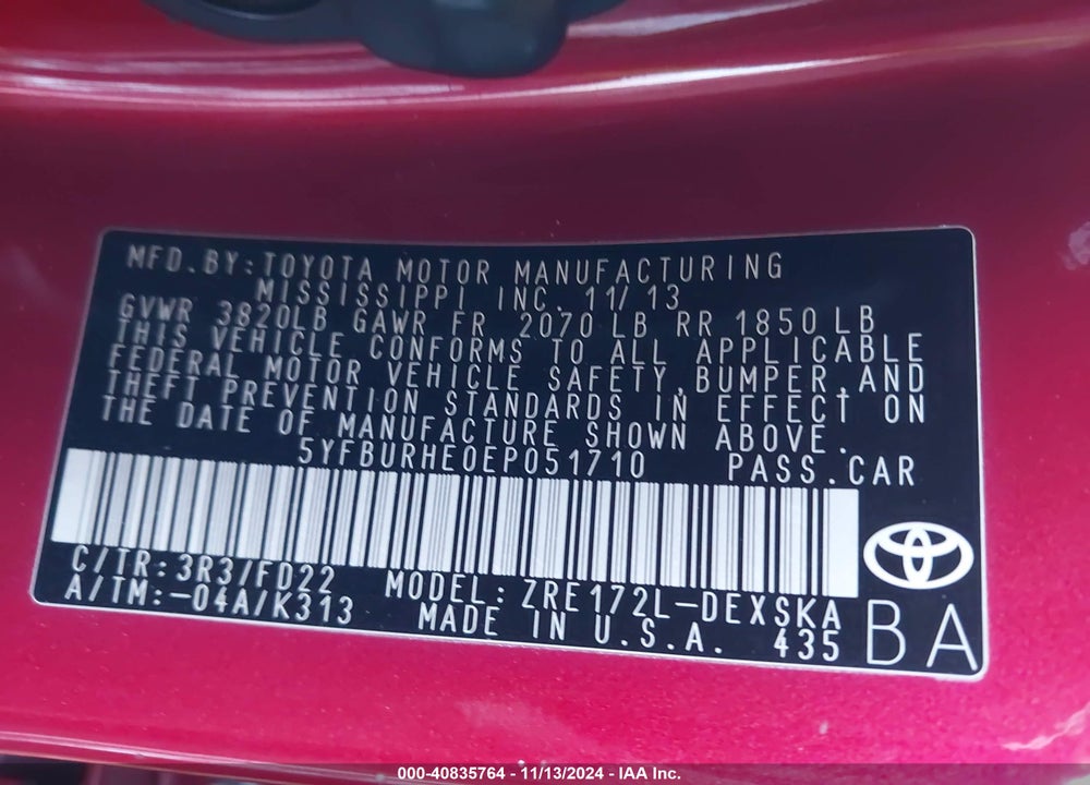 2014 TOYOTA COROLLA S PLUS VIN: 5YFBURHE0EP051710