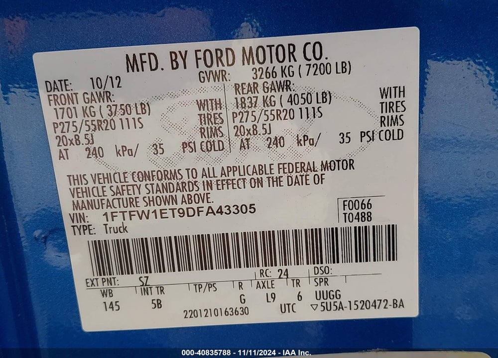 2013 FORD F-150 FX4 VIN: 1FTFW1ET9DFA43305