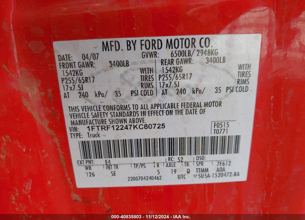 2007 FORD F-150 STX/XL/XLT VIN: 1FTRF12247KC80725