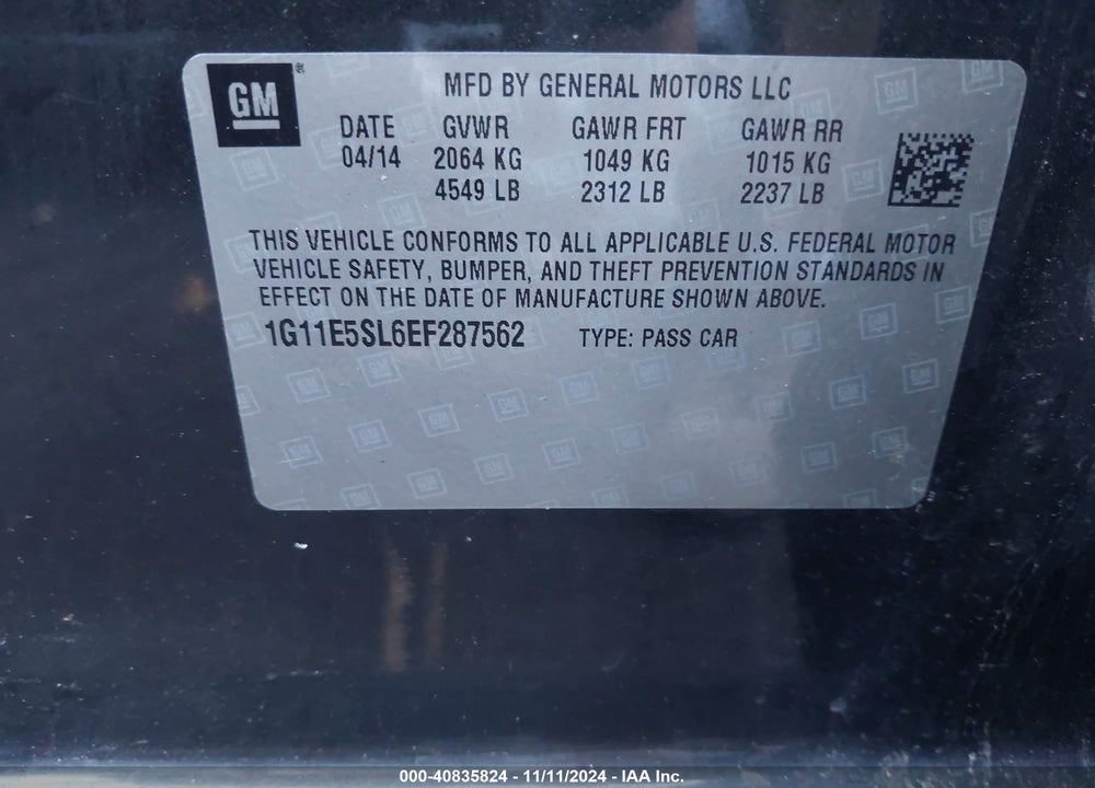 2014 CHEVROLET MALIBU 2LT VIN: 1G11E5SL6EF287562