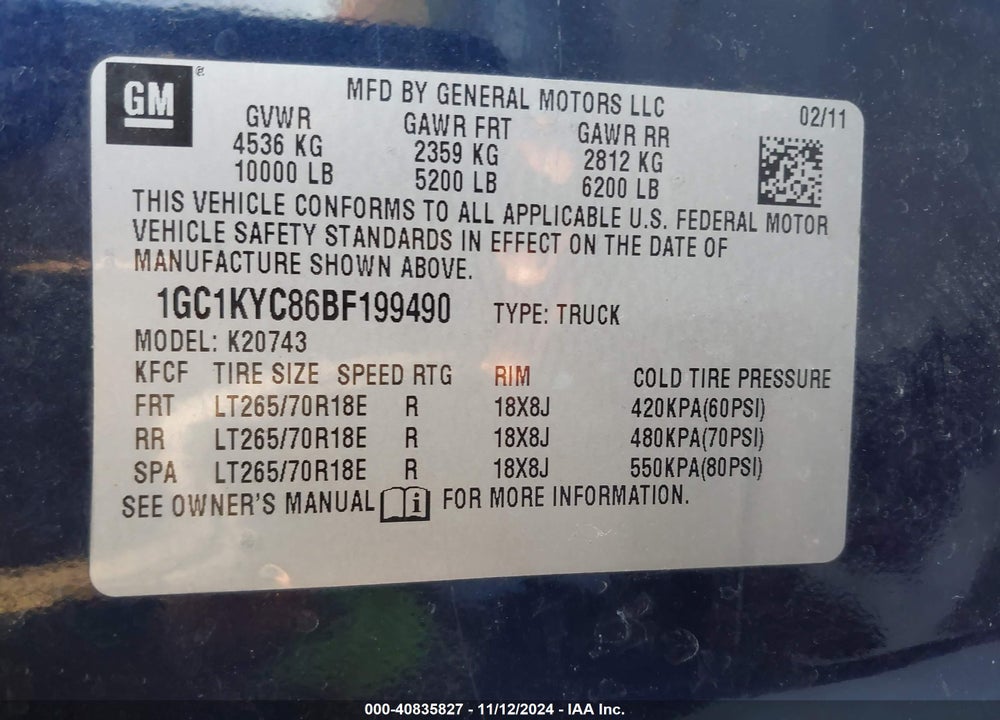 2011 CHEVROLET SILVERADO 2500HD LTZ VIN: 1GC1KYC86BF199490