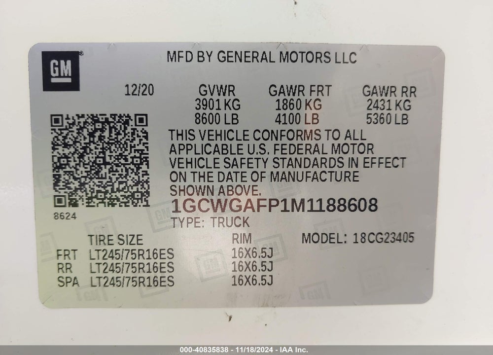2021 CHEVROLET EXPRESS CARGO RWD 2500 REGULAR WHEELBASE WT VIN: 1GCWGAFP1M1188608