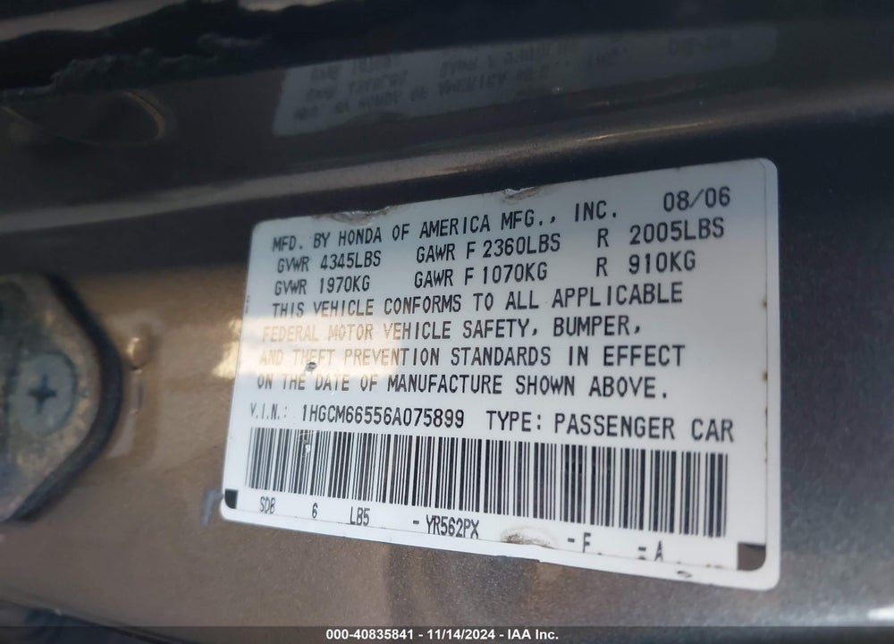 2006 HONDA ACCORD 3.0 EX VIN: 1HGCM66556A075899
