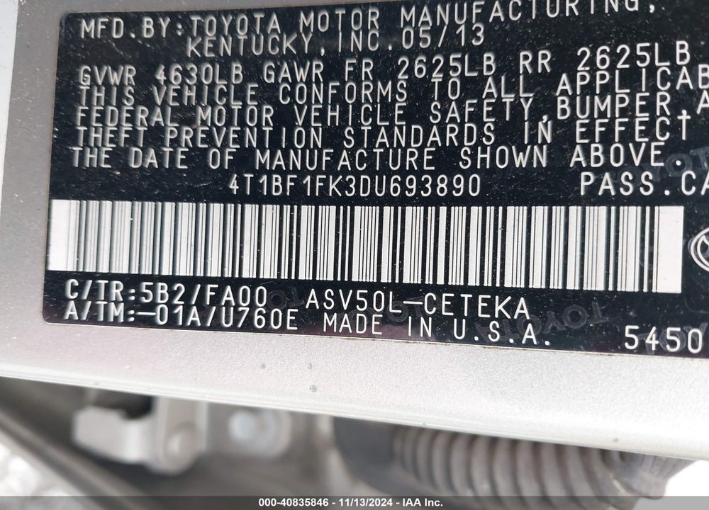 2013 TOYOTA CAMRY L VIN: 4T1BF1FK3DU693890