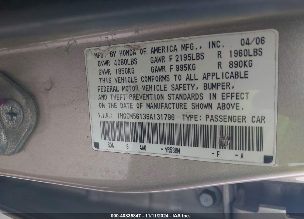 2006 HONDA ACCORD 2.4 VP VIN: 1HGCM56136A131796